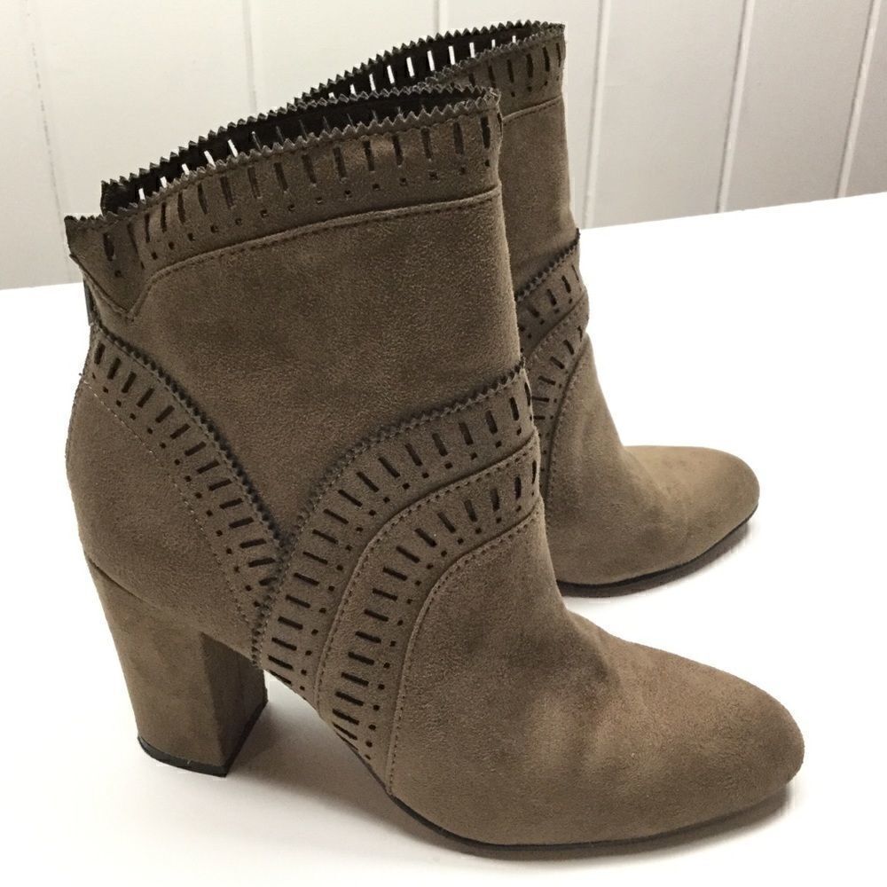 Isola Tan Booties Stacked Heel Suede Cutout Stencil Design - 7M